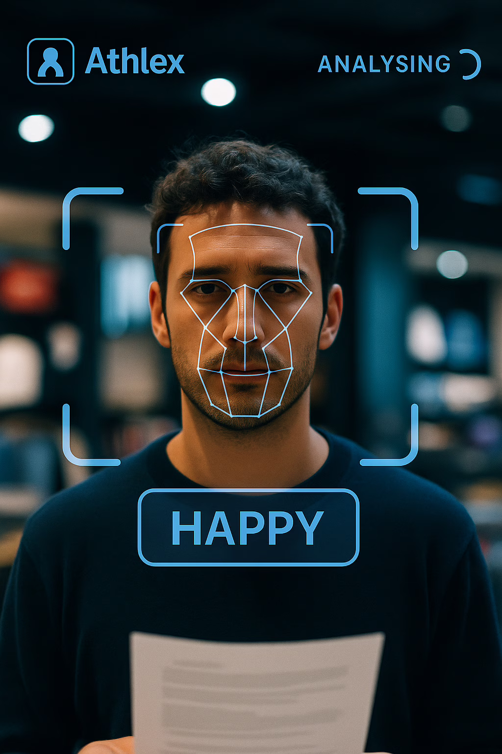 Man's face with a sad expression with a scanning tool over it showing the word happy - as if determining his mood.