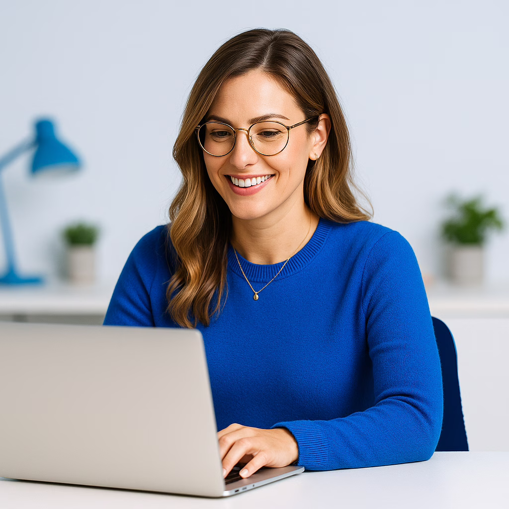 Lady at a laptop wearing glasses and smiling with a plant pot and lamp in the backgroup