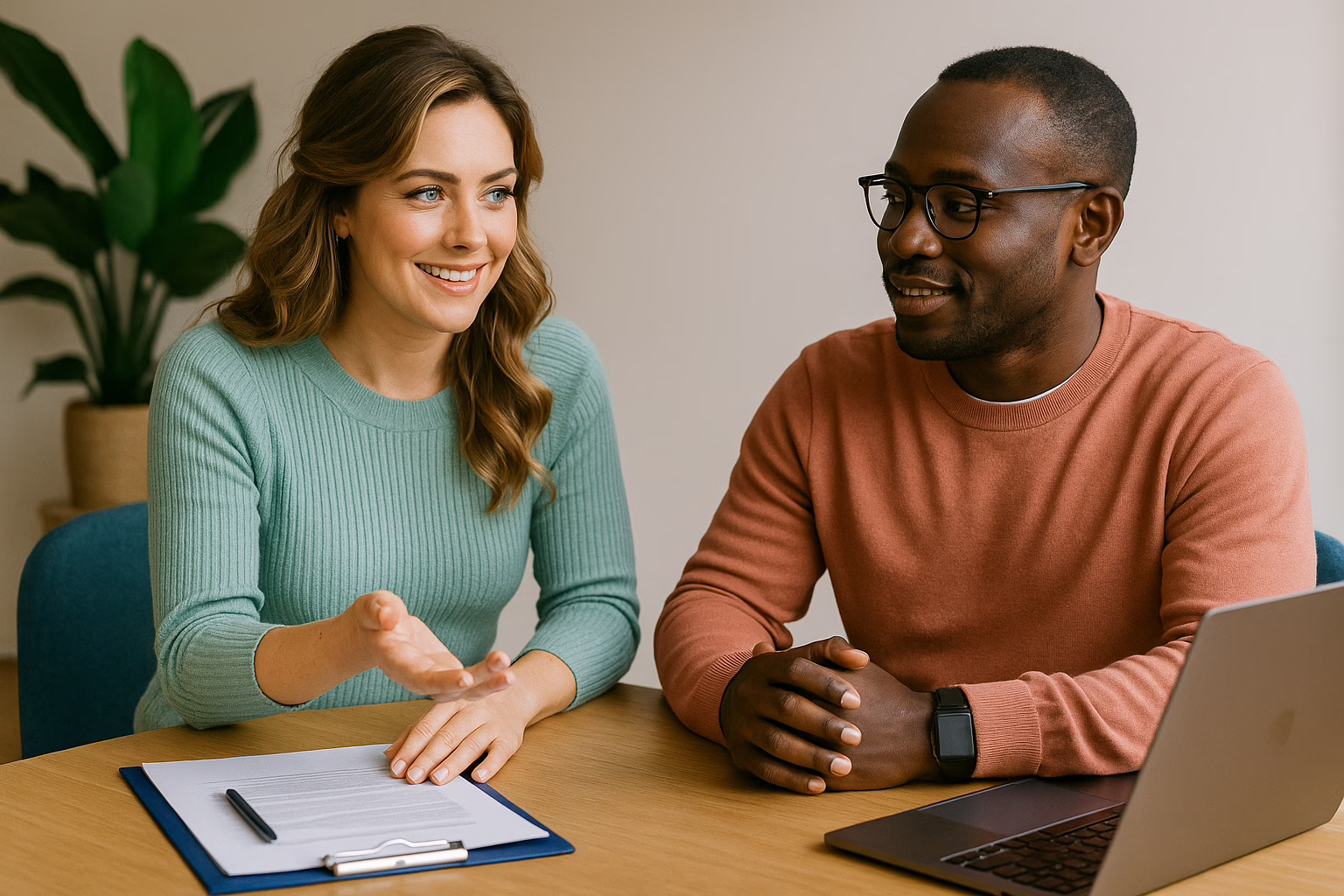 A professional photograph of a Caucasian woman and an African British man seated together at a desk in a modern office. Both are smiling confidently at the camera, dressed in business-casual outfits in Athlex brand colours. A laptop and documents are visible on the desk, suggesting a collaborative data protection or consultancy meeting. The setting is clean, bright, and professional.