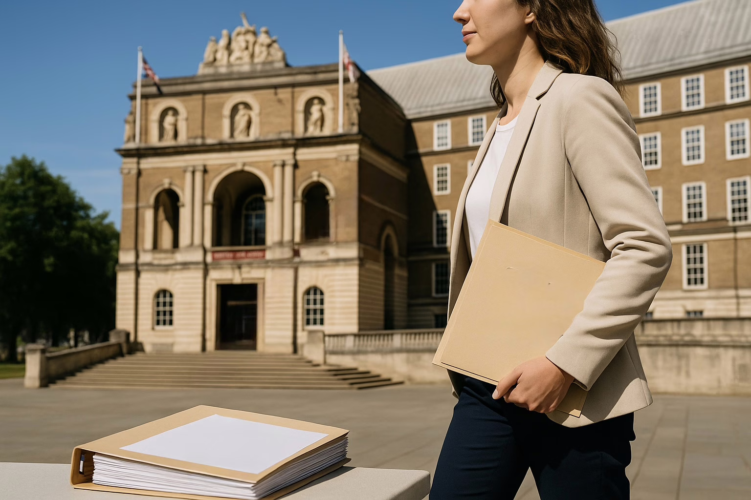A professional woman in a beige blazer walks away from Bristol City Hall holding a folder marked "Subject Access Request." The historic neoclassical building stands in the background under a clear blue sky. A second folder lies on a table in the foreground. The image conveys the theme of individual data rights and public accountability.