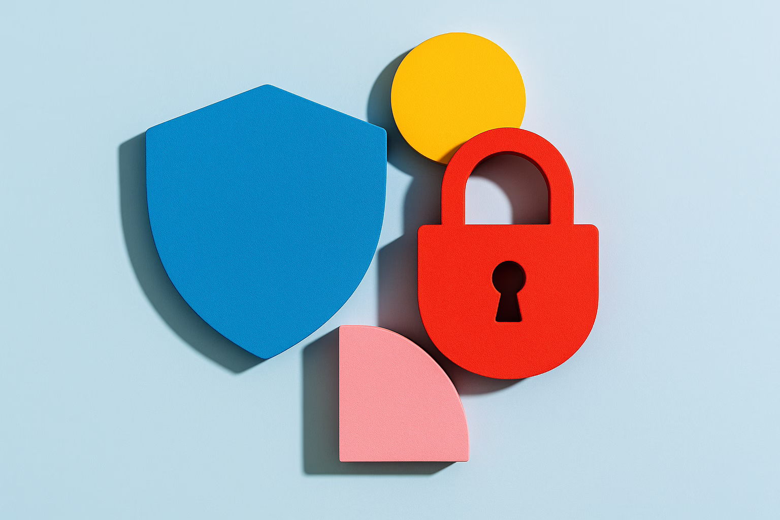 Geometric icons including a blue shield, red padlock, pink quarter-circle, and yellow circle arranged on a light blue background with soft drop shadows.