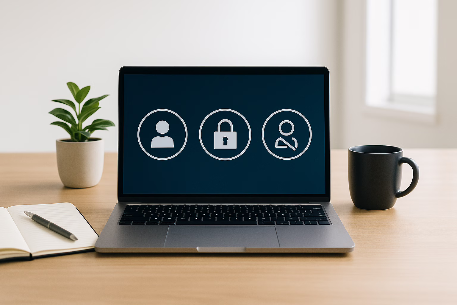Laptop showing data access control icons on screen, surrounded by desk items including notebook, pen, plant, and coffee mug – representing insider risk controls under GDPR