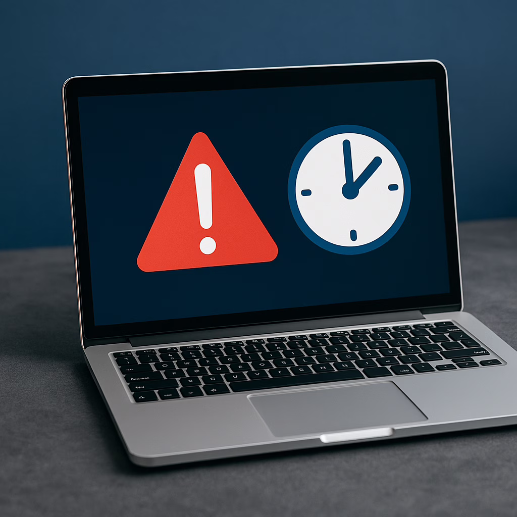 Laptop with warning icon and clock representing urgency in UK GDPR breach reporting