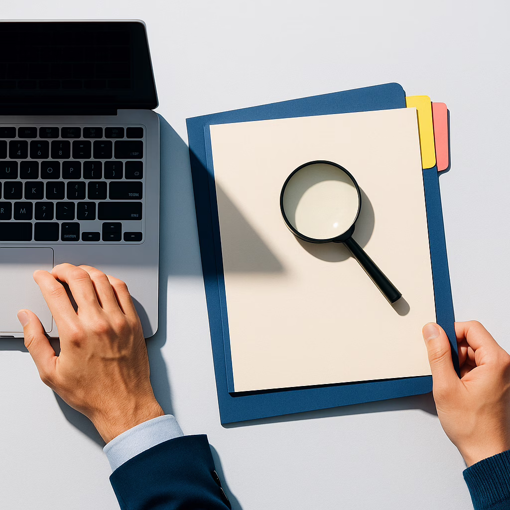 Top-down view of a laptop and file folder with a magnifying glass, styled in Athlex brand colours, suggesting a data subject access request.