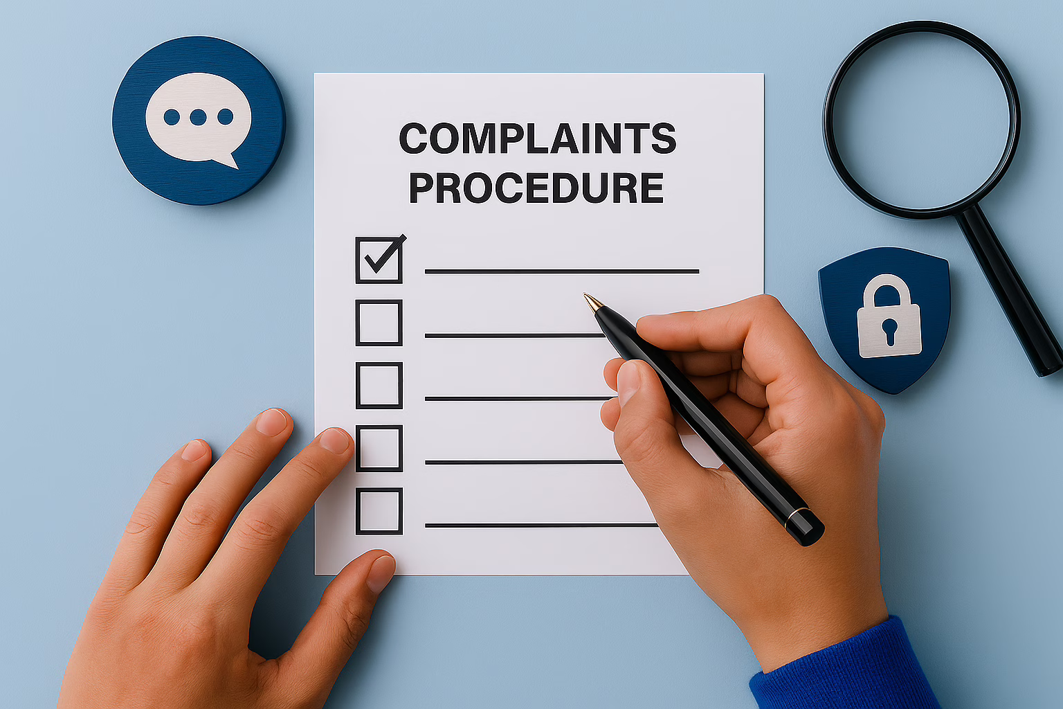 Hands holding a pen and checklist titled “Complaints Procedure” on a blue background, with a speech bubble icon and magnifying glass.