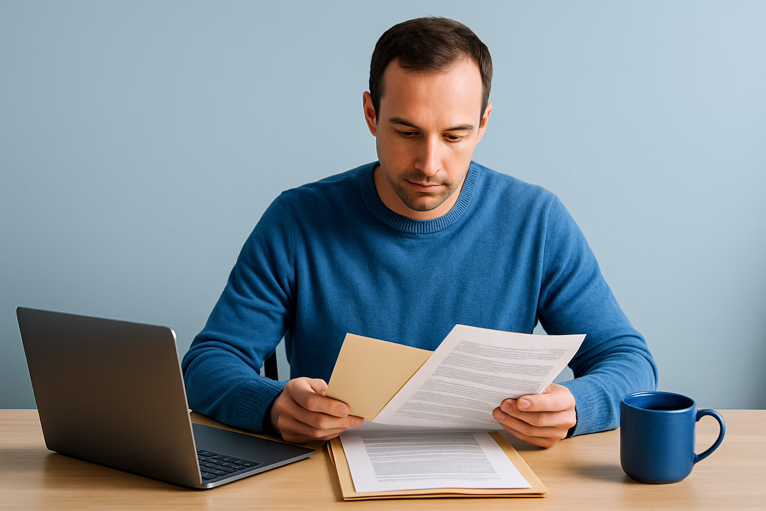 A business professional in a blue jumper reviews data protection documents at a desk with a closed laptop and coffee, representing DUAA 2025 compliance.