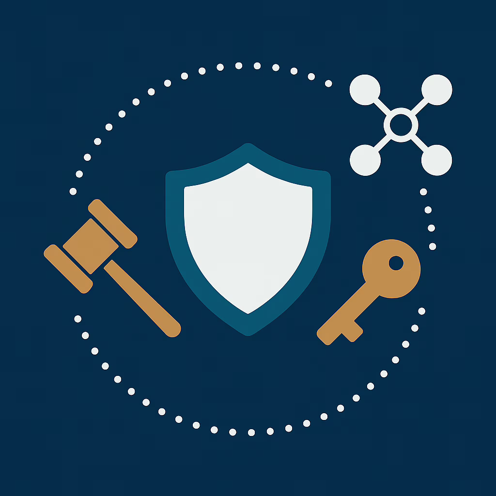 Flat illustration showing a gavel, security shield, key icon and connected vendor nodes around a central business, in Athlex brand colours, representing ICO enforcement trends and GDPR risk for SMEs