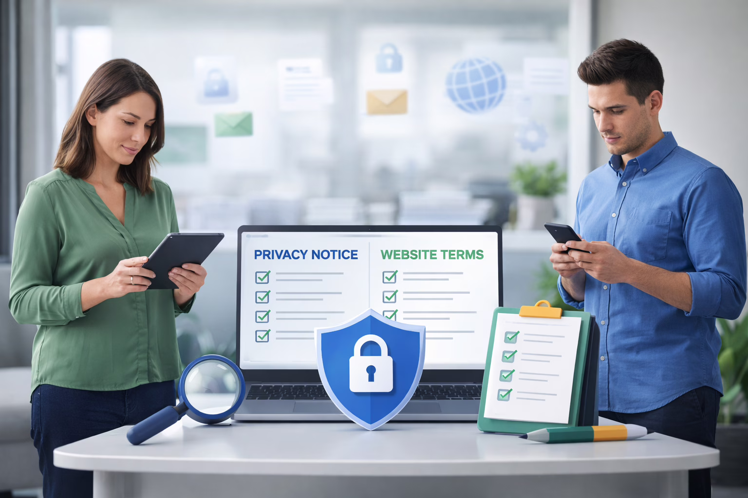 Two professionals reviewing a laptop checklist for a UK GDPR privacy notice and website terms