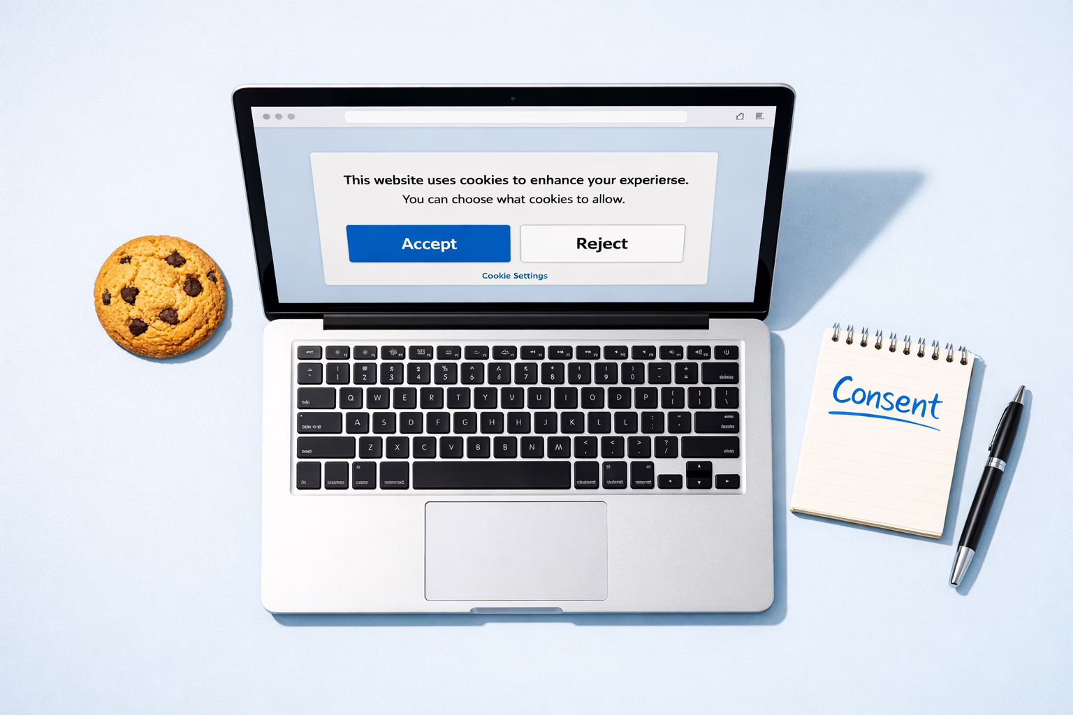 Laptop showing a cookie consent banner with accept and reject options for UK cookie compliance