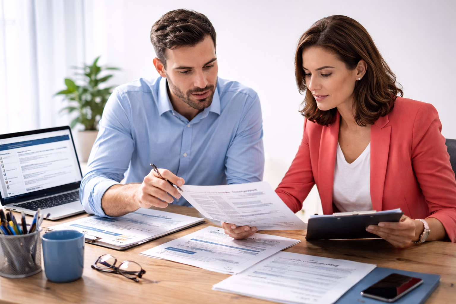 Two professionals reviewing documents at a desk, representing outsourced DPO UK support.