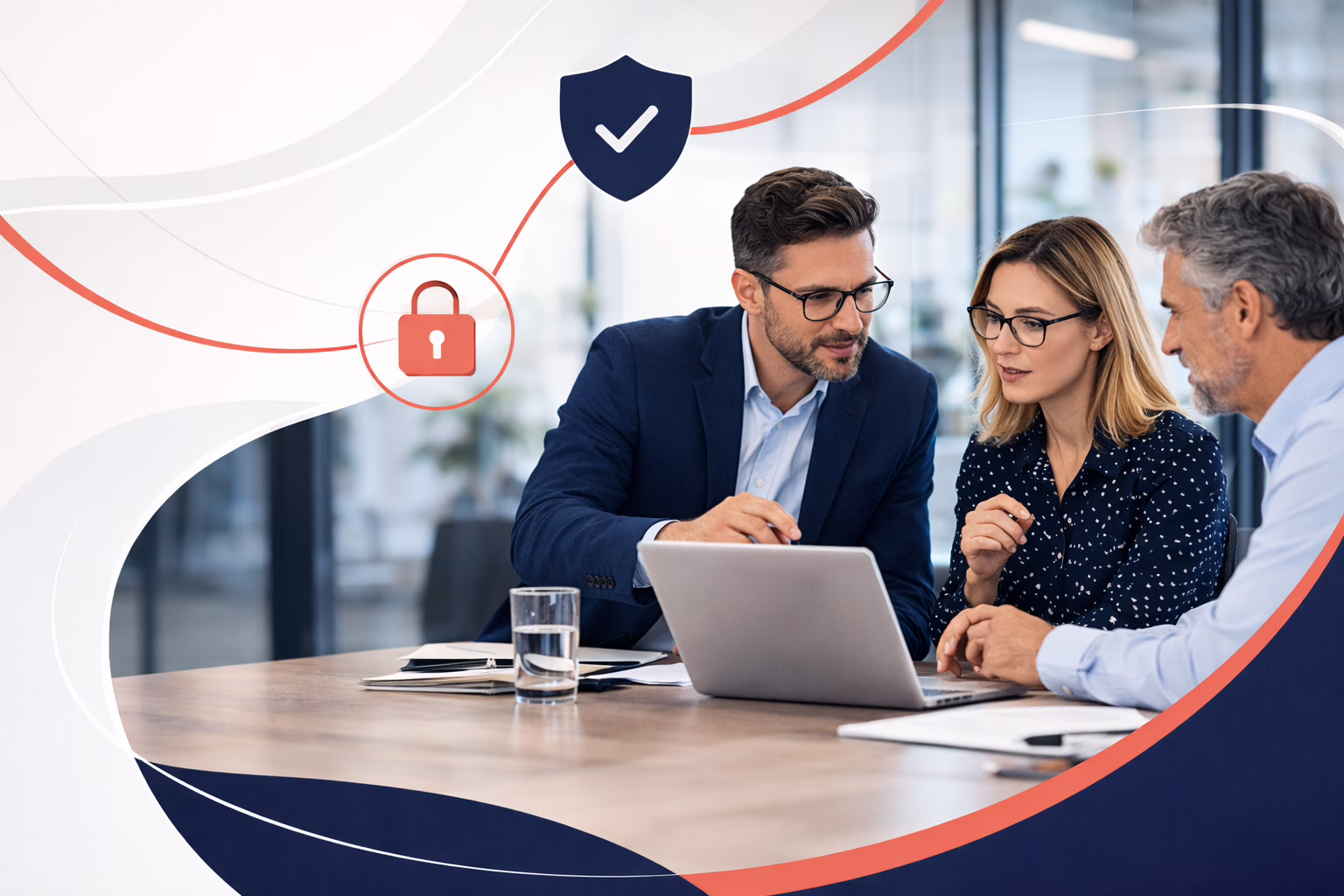 Three business professionals collaborating around a laptop with data protection themed visual elements in Athlex brand colours demonstrating outsourced DPO services