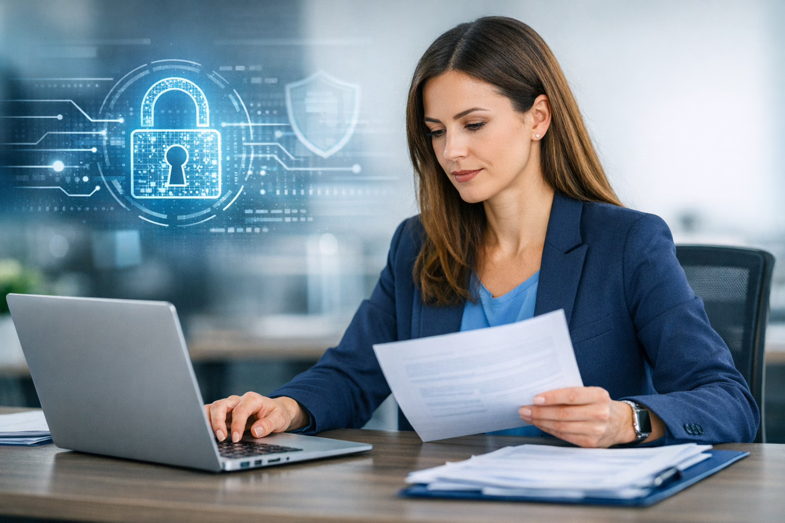 Business professional reviewing documents during a data protection audit in a modern office