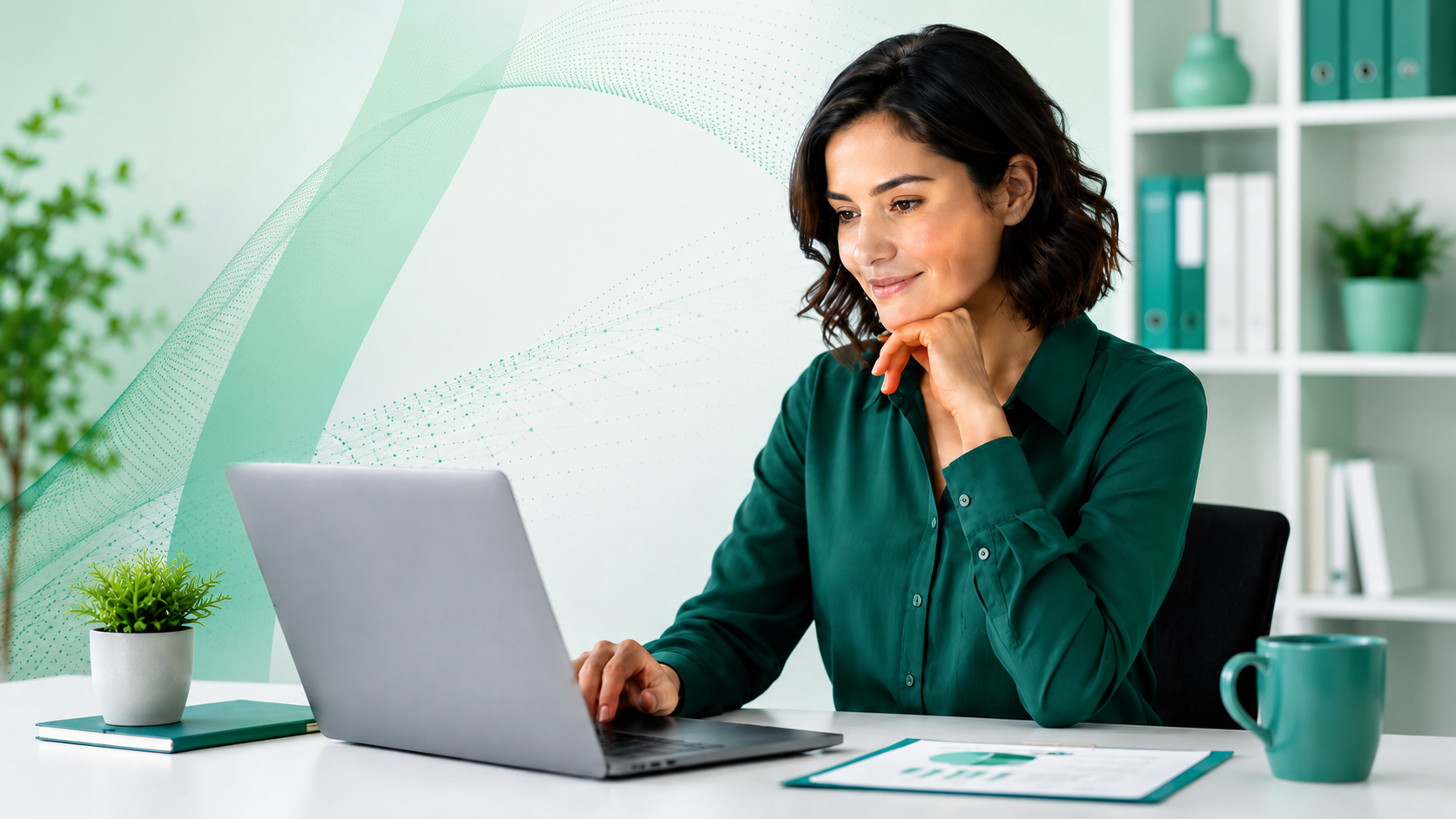 Professional reviewing business documents on a laptop in a modern blue and green office setting