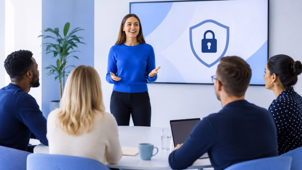 UK business staff taking part in practical GDPR training around a laptop in a modern office.