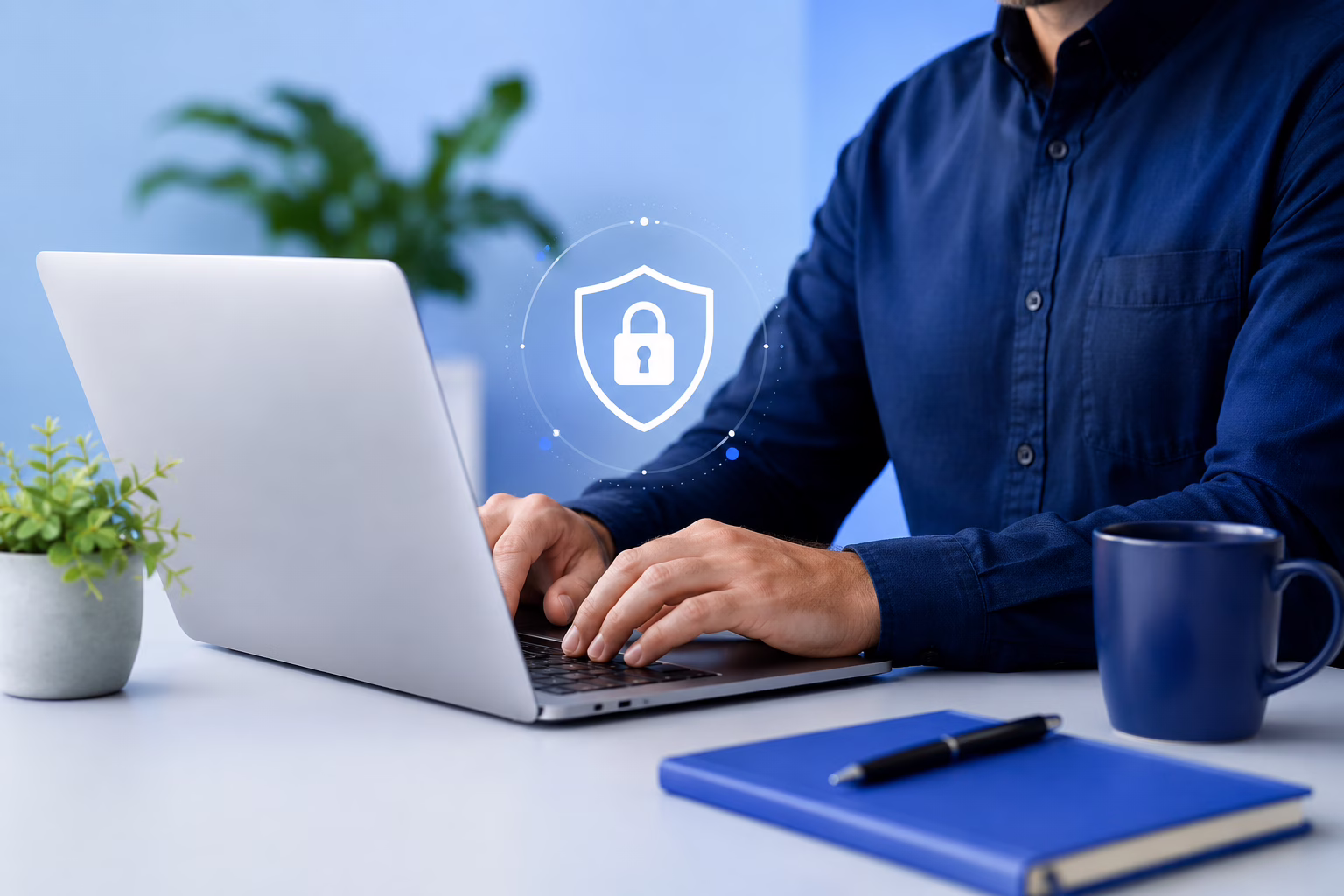 Business professional using secure data protection systems in a modern UK office
